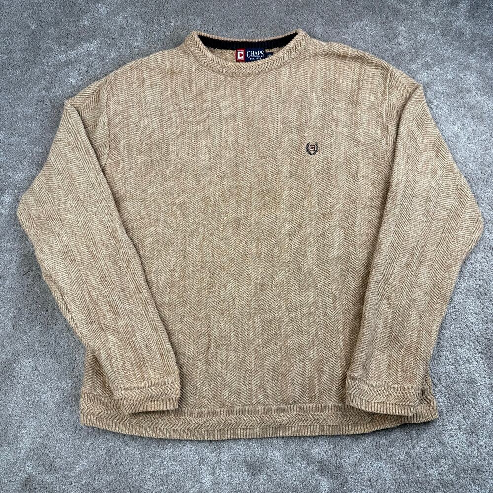Tan Beige Textured Cotton Knit Chaps Pullover Sweater L Preppy Cozy Academia